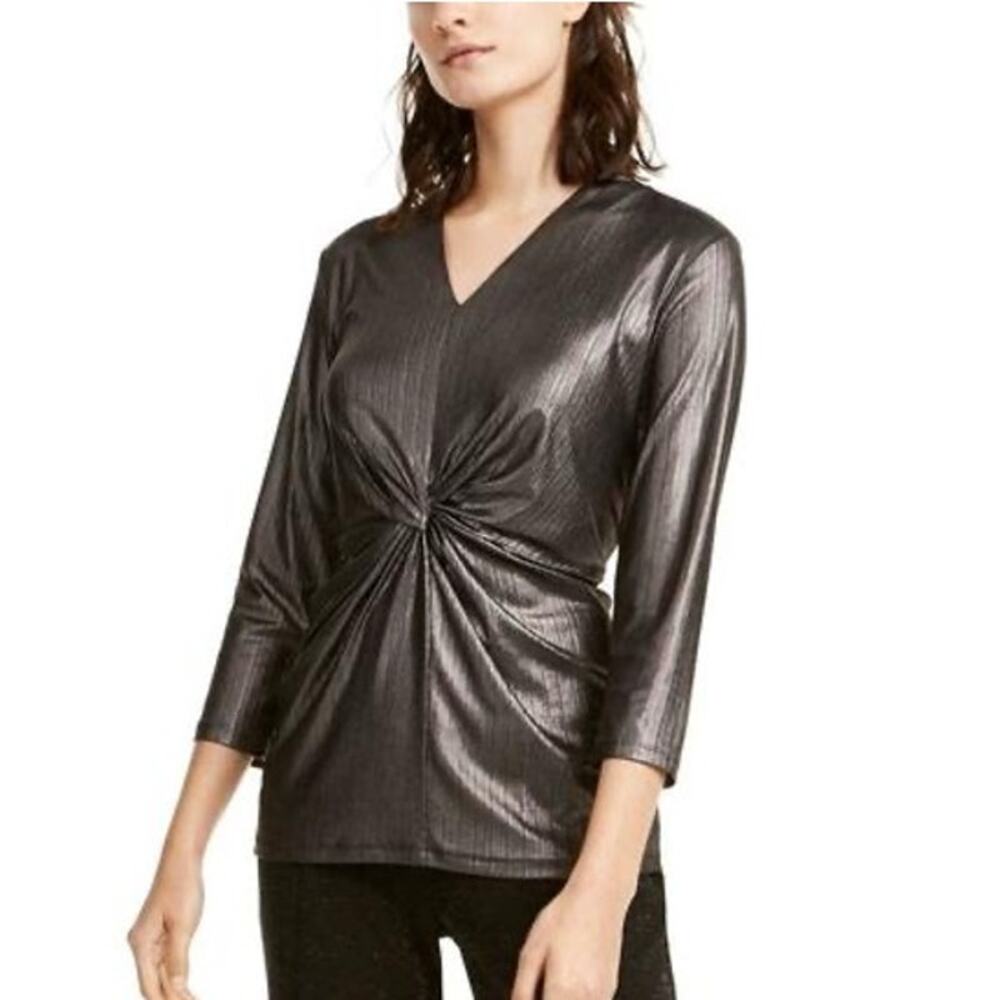NWT Alfani Women's Metallic Twist-Front Top Black